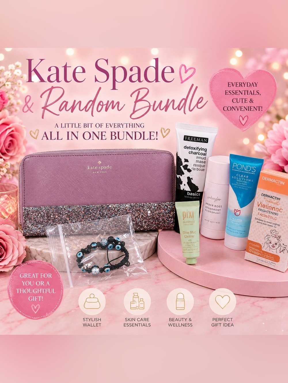 kate spade Pink Glitter Travel Wallet with Coordinated Bath & Body Items